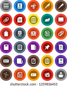 White Solid Icon Set- book vector, copybook, pen, clipboard, certificate, document, constellation, exam, fitness mat, money, newspaper, thumbtack, network, attachment, estate, shopping bag, receipt