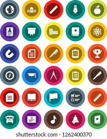 White Solid Icon Set- book vector, graduate hat, pen, school building, ruler, drawing compass, apple fruit, atom, bell, clipboard, award cup, certificate, magnet, bus, music, world, document, flag