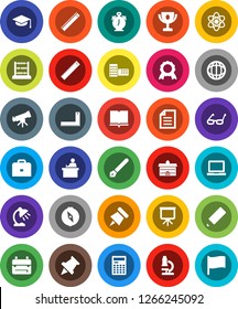 White Solid Icon Set- book vector, graduate hat, pen, university, pencil, school building, corner ruler, glasses, student, case, backpack, atom, telescope, microscope, table lamp, calculator, medal