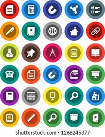 White Solid Icon Set- book vector, copybook, ruler, drawing compass, student, pen, table lamp, calculator, clipboard, paper pin, magnet, school bus, presentation, world, document, molecule, flask