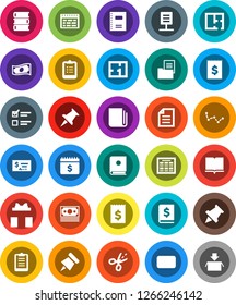 White Solid Icon Set- book vector, copybook, schedule, clipboard, paper pin, document, constellation, exam, cash, check, annual report, receipt, dollar calendar, money, newspaper, thumbtack, mail