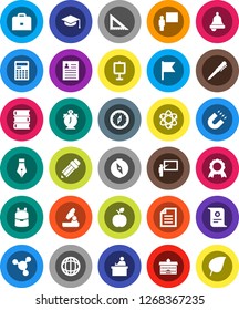 White Solid Icon Set- book vector, graduate hat, pen, university, pencil, blackboard, corner ruler, student, case, backpack, apple fruit, atom, microscope, bell, calculator, alarm clock, compass