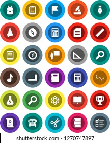 White Solid Icon Set- book vector, copybook, pen, blackboard, corner ruler, backpack, atom, microscope, bell, calculator, clipboard, compass, award cup, certificate, scissors, school bus, music