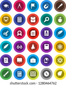 White Solid Icon Set- book vector, copybook, graduate hat, pen, drawing compass, glasses, case, apple fruit, atom, bell, table lamp, calculator, schedule, medal, certificate, magnet, scissors, flag