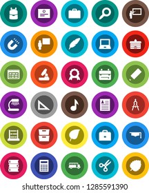 White Solid Icon Set- book vector, graduate hat, pen, university, pencil, blackboard, corner ruler, drawing compass, case, backpack, microscope, table lamp, calculator, notebook pc, schedule, medal