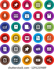White Solid Icon Set- book vector, copybook, schedule, clipboard, paper pin, certificate, document, exam, cash, check, annual report, binder, dollar calendar, money, newspaper, thumbtack, estate