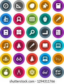 White Solid Icon Set- book vector, copybook, school building, corner ruler, drawing compass, glasses, student, apple fruit, atom, pen, bell, notebook pc, alarm clock, schedule, paper pin, medal