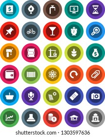 White Solid Icon Set- book vector, atom, alarm clock, graph, wallet, money bag, coin stack, annual report, monitor dollar, bike, cereals, wood box, glass, microphone, thumbtack, sand, patch, redo