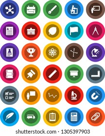 White Solid Icon Set- book vector, pen, university, blackboard, corner ruler, drawing compass, student, backpack, atom, microscope, table lamp, calculator, paper pin, award cup, magnet, school bus