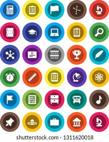 White Solid Icon Set- book vector, graduate hat, pen, school building, ruler, case, atom, table lamp, calculator, notebook pc, alarm clock, clipboard, paper pin, award cup, certificate, bus, abacus