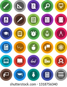 White Solid Icon Set- book vector, graduate hat, pen, school building, blackboard, corner ruler, drawing compass, glasses, apple fruit, atom, calculator, notebook pc, alarm clock, clipboard, medal