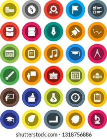 White Solid Icon Set- book vector, graduate hat, pen, university, school building, blackboard, corner ruler, drawing compass, student, schedule, clipboard, paper pin, medal, music, archive, flag