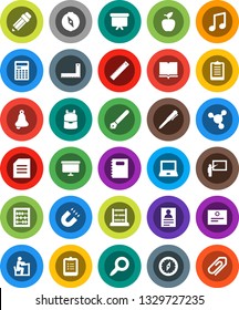 White Solid Icon Set- book vector, copybook, pen, pencil, blackboard, corner ruler, student, backpack, apple fruit, bell, calculator, notebook pc, clipboard, compass, certificate, magnet, abacus