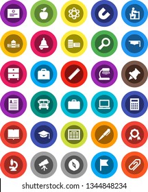 White Solid Icon Set- book vector, graduate hat, school building, ruler, student, case, apple fruit, atom, pen, telescope, bell, table lamp, calculator, notebook pc, schedule, paper pin, compass
