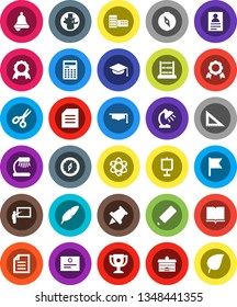 White Solid Icon Set- book vector, graduate hat, pen, university, pencil, school building, blackboard, corner ruler, atom, bell, table lamp, calculator, paper pin, compass, award cup, medal, abacus