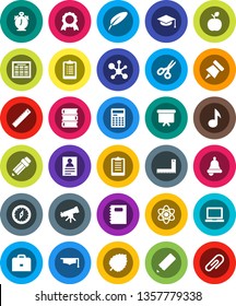 White Solid Icon Set- book vector, copybook, graduate hat, pen, pencil, corner ruler, case, apple fruit, atom, telescope, bell, calculator, notebook pc, alarm clock, schedule, paper pin, compass