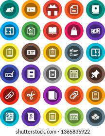 White Solid Icon Set- book vector, copybook, schedule, clipboard, paper pin, certificate, document, exam, cash, check, fitness mat, receipt, newspaper, attachment, plan, estate, gift, shopping bag