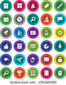 White Solid Icon Set- book vector, copybook, graduate hat, pen, pencil, student, backpack, apple fruit, atom, telescope, microscope, bell, table lamp, schedule, compass, award cup, certificate, flag