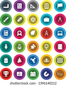 White Solid Icon Set- book vector, pen, pencil, school building, corner ruler, drawing compass, case, backpack, atom, bell, calculator, notebook pc, schedule, clipboard, paper pin, award cup, medal