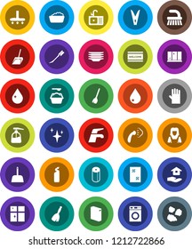 White Solid Icon Set- broom vector, water tap, vacuum cleaner, fetlock, scoop, clothespin, drop, car, shining, window cleaning, welcome mat, steaming, washer, foam basin, washing powder, liquid soap