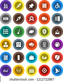 White Solid Icon Set- broom vector, cleaning agent, washboard, garbage pile, cake, glasses, calculator, paper pin, medal, laptop graph, manager, target, buttocks, ship, delivery, protected, hdmi