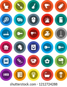 White Solid Icon Set- broom vector, mop, toilet, skimmer, key, house, search estate, bath, relocation truck, love home, protect, washer, fridge, siren, mixer, meat grinder, oven, hair dryer, phone
