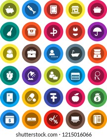 White Solid Icon Set- broom vector, window cleaning, bath, pan, double boiler, blender, table lamp, alarm clock, money bag, piggy bank, case, safe, dollar calendar, diet, jump rope, swimsuite, pills