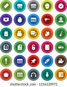 White Solid Icon Set- broom vector, pan, toaster, egg, book, pen, pencil, backpack, schedule, school bus, calendar, heart monitor, map pin, attention, document, protected, remote control, dialog