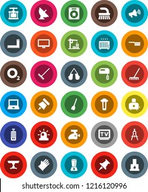 White Solid Icon Set- broom vector, fetlock, rake, rubber glove, cook press, toaster, corner ruler, drawing compass, notebook pc, paper pin, boxing, oxygen, satellite antenna, loudspeaker, tv, table