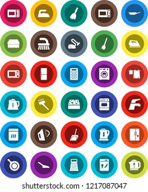 White Solid Icon Set- broom vector, water tap, vacuum cleaner, fetlock, scoop, sponge, iron, steaming, drying clothes, pan, kettle, grater, microwave oven, washer, fridge, dishwasher