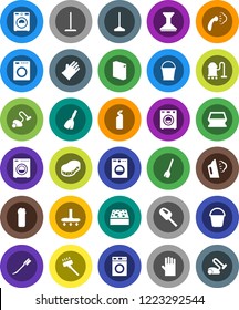 White Solid Icon Set- broom vector, vacuum cleaner, mop, bucket, sponge, car fetlock, steaming, washer, washing powder, cleaning agent, rubber glove