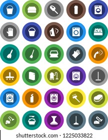 White Solid Icon Set- broom vector, vacuum cleaner, mop, bucket, sponge, car fetlock, steaming, washer, washing powder, cleaning agent, rubber glove