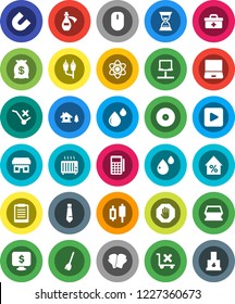 White Solid Icon Set- broom vector, sponge, atom, clipboard, magnet, japanese candle, percent growth, sand clock, tie, monitor dollar, boxing glove, no trolley, disk, notebook pc, play button, rca