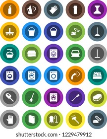 White Solid Icon Set- broom vector, vacuum cleaner, mop, bucket, sponge, car fetlock, steaming, washer, washing powder, cleaning agent, rubber glove