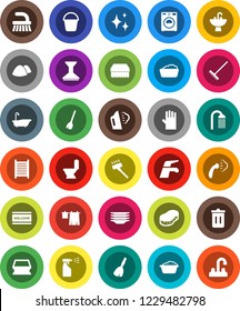 White Solid Icon Set- broom vector, water tap, vacuum cleaner, fetlock, rake, bucket, sponge, trash bin, car, shining, welcome mat, steaming, bath, toilet, drying clothes, washer, foam basin, plates