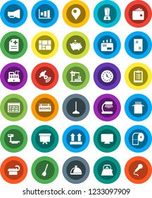 White Solid Icon Set- broom vector, mop, window cleaning, toilet paper, kettle, dish, pasta, table lamp, schedule, graph, wallet, piggy bank, presentation board, clipboard, clock, consolidated cargo