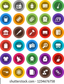 White Solid Icon Set- broom vector, fetlock, scoop, bucket, foam basin, meat hammer, bbq, cereal, atom, pen, bank, piggy, money search, t shirt, cereals, Railway carriage, satellite antenna, radio