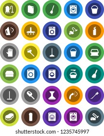 White Solid Icon Set- broom vector, vacuum cleaner, mop, bucket, sponge, car fetlock, steaming, washer, washing powder, cleaning agent, rubber glove