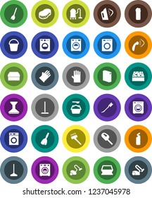 White Solid Icon Set- broom vector, vacuum cleaner, mop, bucket, sponge, car fetlock, steaming, washer, washing powder, cleaning agent, rubber glove