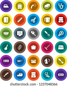 White Solid Icon Set- broom vector, rake, sponge, steaming, pan, colander, measuring cup, whisk, spatula, double boiler, ruler, scissors, crutches, stethoscope, diagnostic monitor, client search