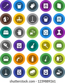 White Solid Icon Set- broom vector, vacuum cleaner, mop, bucket, sponge, car fetlock, steaming, washer, washing powder, cleaning agent, rubber glove