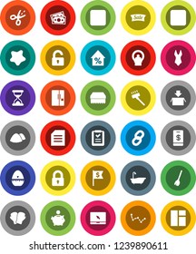 White Solid Icon Set- broom vector, vacuum cleaner, sponge, splotch, bath, garbage pile, cook timer, document, constellation, percent growth, piggy bank, dollar flag, boxing glove, swimsuite, money
