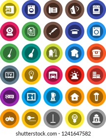 White Solid Icon Set- broom vector, vacuum cleaner, mop, steaming, dry cargo, tv, garage, plan, estate document, apartments, smart home, password, washer, siren, coffee maker, multi cooker, oven