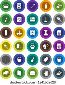 White Solid Icon Set- broom vector, vacuum cleaner, mop, bucket, sponge, car fetlock, steaming, washer, washing powder, cleaning agent, rubber glove
