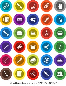 White Solid Icon Set- broom vector, rake, sponge, car fetlock, iron, rubber glove, measuring cup, cook press, spatula, ladle, blender, ruler, drawing compass, pen, scissors, social media, attachment