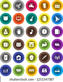 White Solid Icon Set- broom vector, trash bin, water tap, rubber glove, colander, jug, music, flask, check, clock, presentation board, muscule hand, enegry drink, weight, barcode, newspaper, monitor
