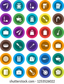 White Solid Icon Set- broom vector, fetlock, car, toilet brush, pan, kettle, measuring cup, cook press, whisk, spatula, ladle, grater, sieve, case, hand trainer, water supply, shopping bag, basket