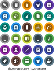 White Solid Icon Set- broom vector, vacuum cleaner, mop, bucket, sponge, car fetlock, steaming, washer, washing powder, cleaning agent, rubber glove