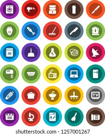 White Solid Icon Set- broom vector, vacuum cleaner, rake, scoop, cleaning agent, sink, pan, colander, knife, double boiler, blender, notebook pc, flask, hoop, satellite antenna, cinema clap, tv