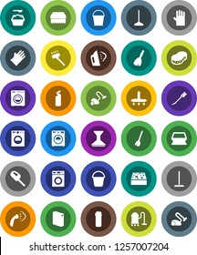 White Solid Icon Set- broom vector, vacuum cleaner, mop, bucket, sponge, car fetlock, steaming, washer, washing powder, cleaning agent, rubber glove